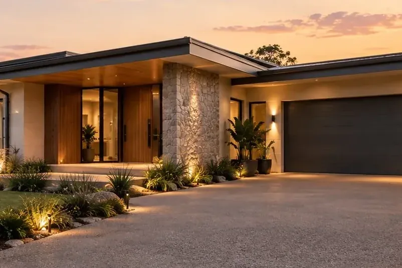 Contemporary single-storey home with a stone feature wall and double garage at dusk
