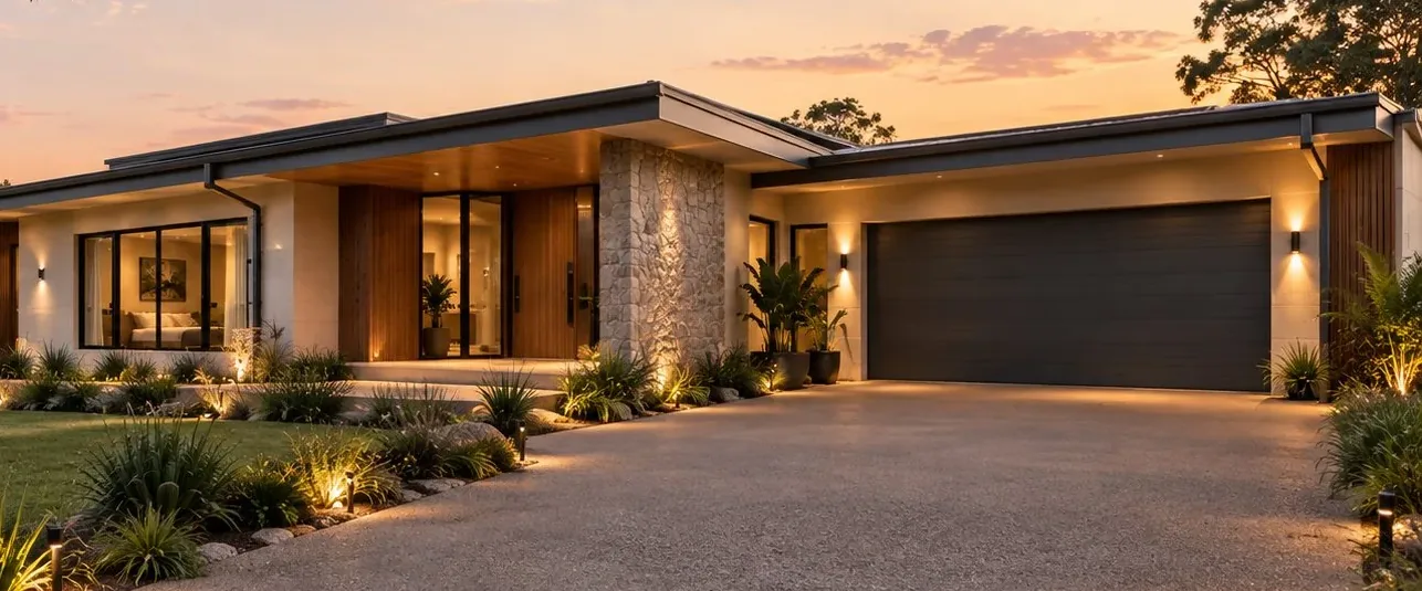 Contemporary single-storey home with a stone feature wall and double garage at dusk