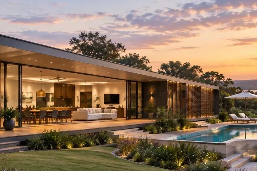 Long single-storey home with glass walls above a pool, looking over trees and water at sunset