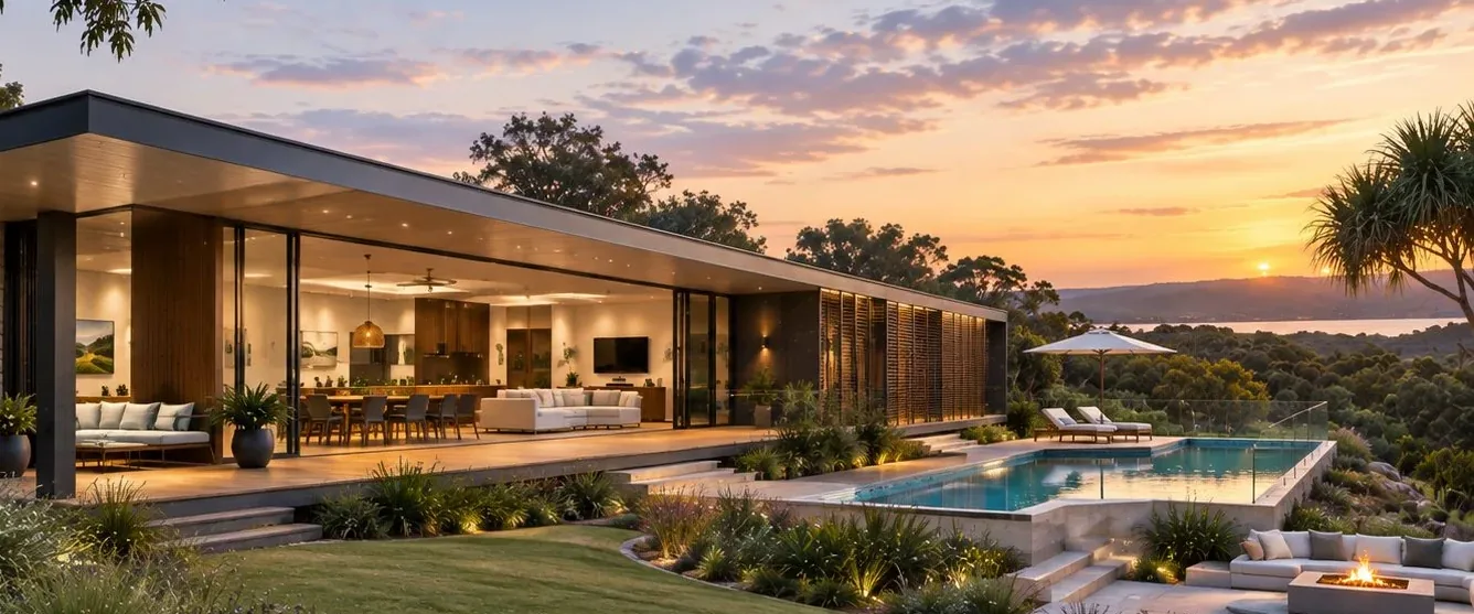 Long single-storey home with glass walls above a pool, looking over trees and water at sunset
