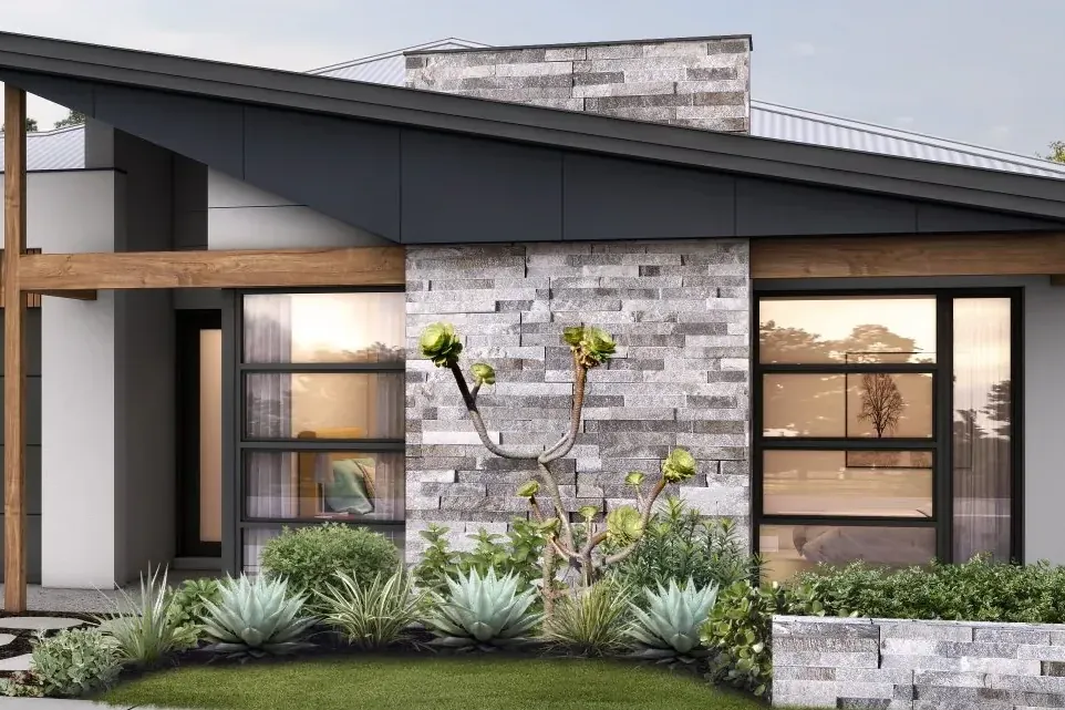 Contemporary home front with a skillion roof, stone feature wall and timber details