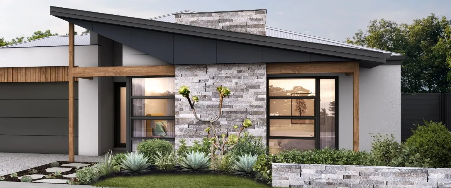 Contemporary home front with a skillion roof, stone feature wall and timber details
