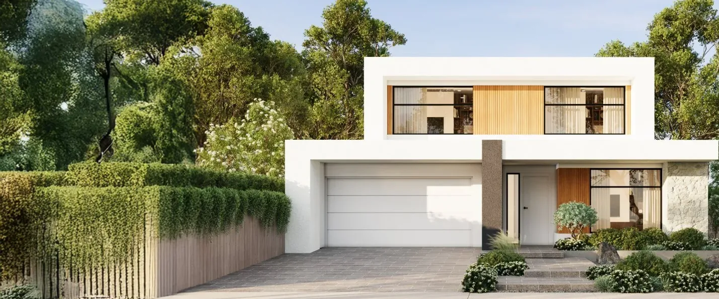 Modern two-storey white home with a double garage and a landscaped front garden