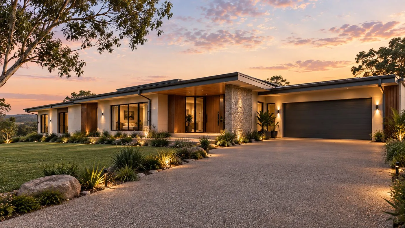 Traveston home, front view at dusk