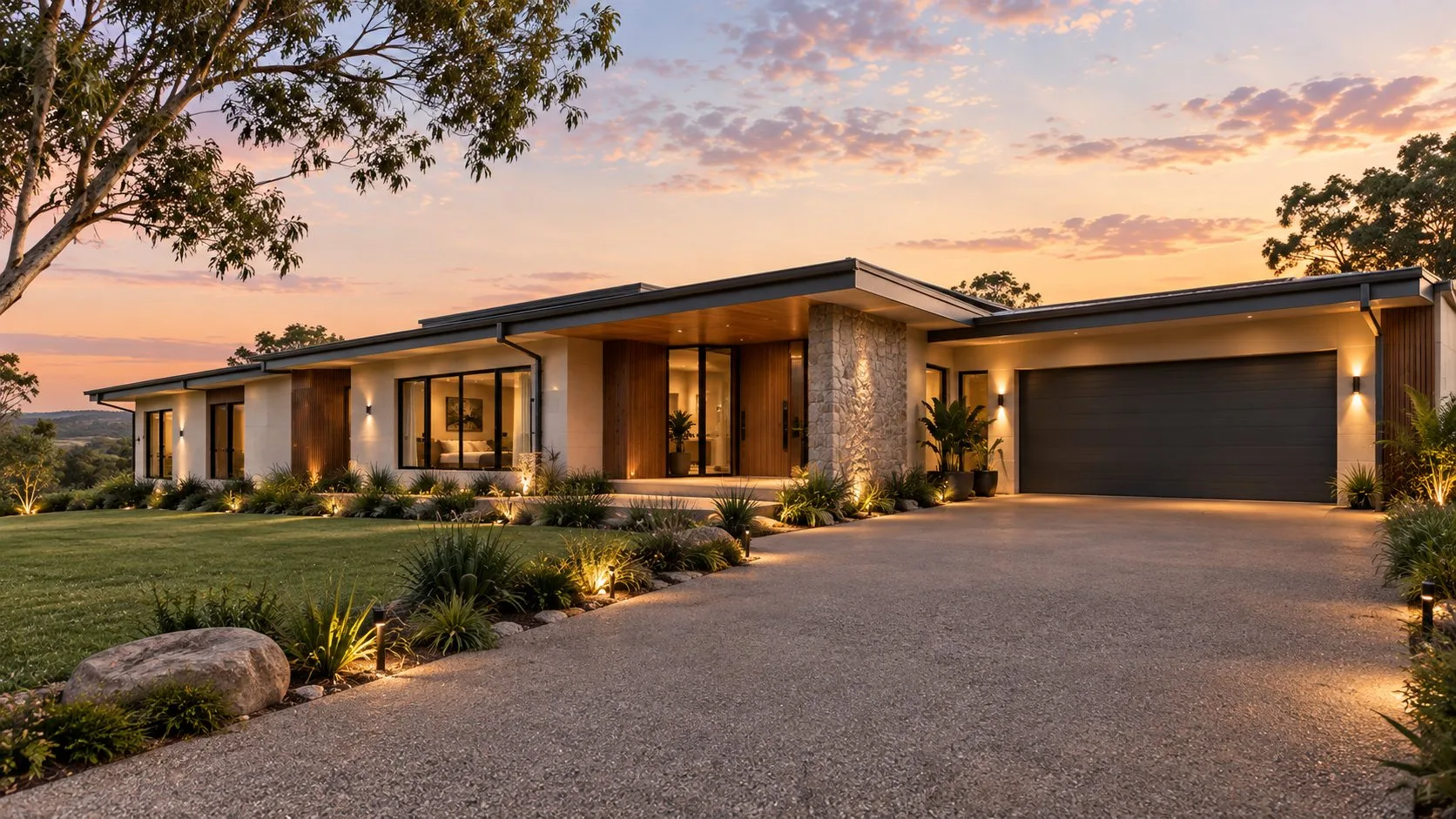 Sutton Building home at dusk, Carlson Road